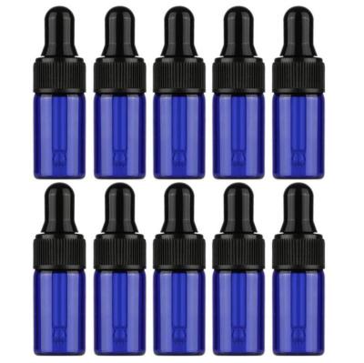 China Cosmetic in stock, 1mL 2ml 3ml 5ml essential oil blue sample dropper glass bottle with white/black cap for sale