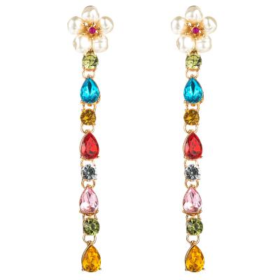 China Landy's Lead Free/Nickel Free/Environmental Friendly New Trendy Long Colored Diamond Earrings Exaggerated Flower Pearl Earrings for sale