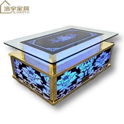 China Contemporary Club KTV Bar Gold Stainless Steels + LED Light Bar Table Sets Modern Glass Club Table for sale