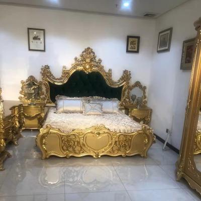 China Tufted Luxury Bedroom King Size Solid Wood Bed Frames Golden European Luxury Wooden Bed Set With Wardrobe for sale