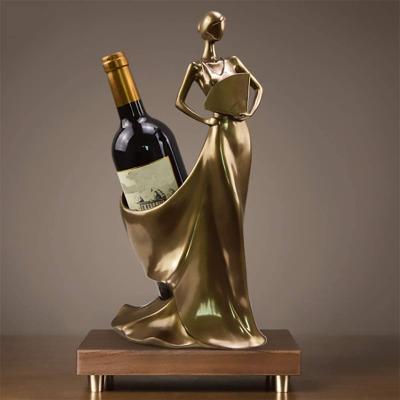 China Custom Resin Wine Bottle Holders Creative Factory Resin Women Shape Sculpture Wine Rack,Table Top Simple Tall Wine Drinks Bottle Copper Painted Accessory Rack for sale