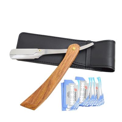 China Dishi Wood Handle Variable Single Blade Straight Shaving Razor With Black Leather Case for sale