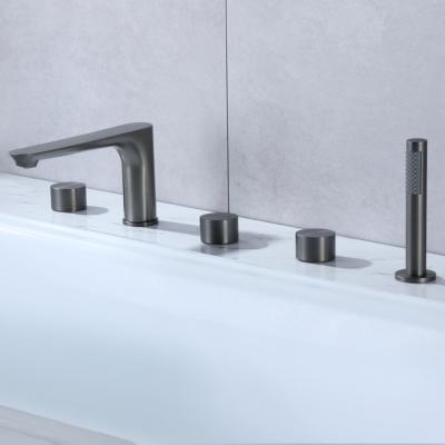 China Classic Brass 5 Hole Slide Bar Deck Mounted Bath Mixer Tap 3 Handles Bathtub Mixer Tap for sale