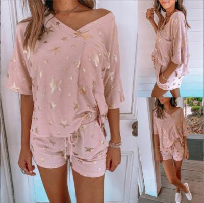 China QUICK DRY Star Printing Homewear Suit Women Short Sleeve Casual Pajamas for sale