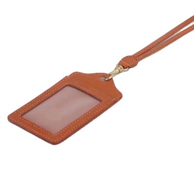 China Fashion Cowhide ID Badge Lanyard Real Leather Work ID Neck Strap Card Bus Holders Work Card Bus Access Card Student Card Holder for sale