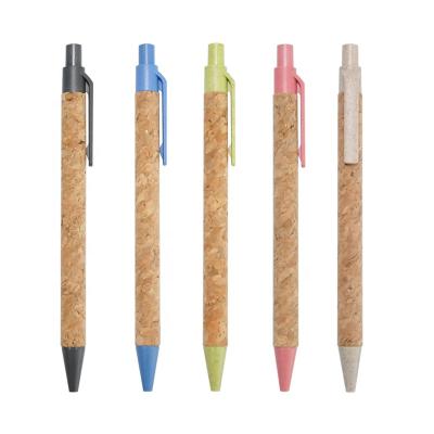 China Promotional Pen Eco Friendly Click Action Cork Barrel Wheat Straw Clip Ballpoint Pen for sale