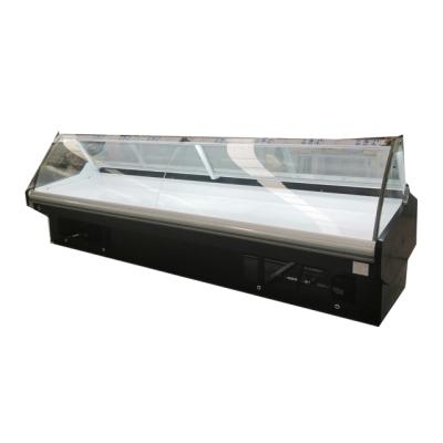 China Double-temperature 3.75 Meters Curved Glass Serving Above Meat Deli Meat Chicken Display Cooler For Supermarket for sale