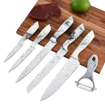 China Sustainable Wholesale Kitchen Cutting Foods Kitchen Chef Marbled Handle Knife Set for sale