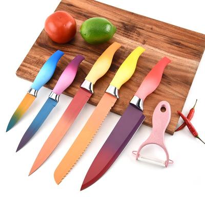 China Customization Sustainable Food Safe Assorted Color Non-Stick Blade Kitchen Knife Set Ideal For Vegetable Chicken Fish And Fruit for sale