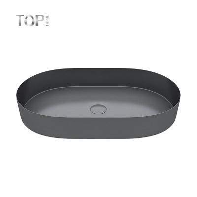 China Modern Colorful Matte Black Stainless Steel Hand Oval Wash Basin Bathroom Vessel Sink for sale