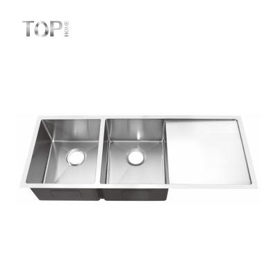 China Modern High Depth Double Bowl Topmount 304 Steel Hand Made Utility Sink With Drain Board for sale