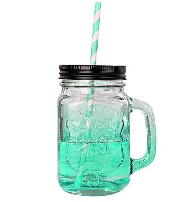 China 4oz 12oz 16oz viable interesting colored glass mason jar with metal handle and lid and straws for sale