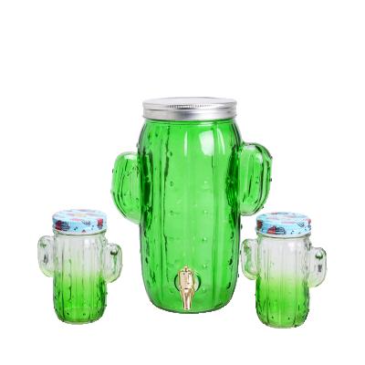 China Cactus 4L Sustainable Shape Glass Dispenser And Mason Jar Set for sale