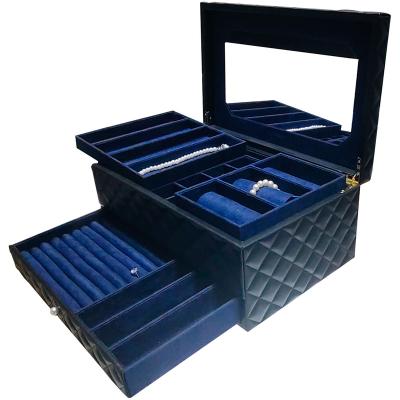 China Custom Made Luxury Leather Jewelry Storage Box Large Navy Blue Double Layer Jewelry Storage Sesi dmade Boxes for sale