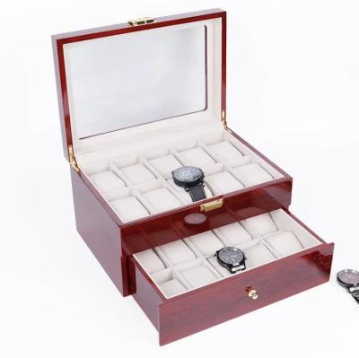 China Luxury Red Glossy Wooden Watch Box Watch Case Packaging Wooden Watch Box With Glassy Window for sale