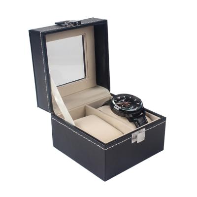 China Leather Watch Box 2 Slots Display Watches Box With Double Window Couples Watch Box With Lock for sale