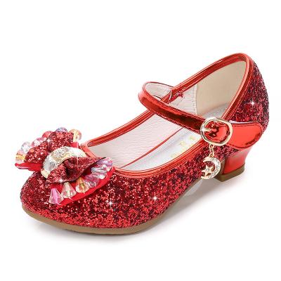 China Round Girls Princess Shoes Leather High Heel Sequin Shoes Children Princess Girls Kids Student Performance Dance Stage Show Female Sho for sale