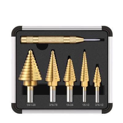 China 6Pcs HSS Metal Wood Step Plastic Imperial Titanium Drill Bits Set With Center Punch Bit Pagoda Automatic Drill Opener With Aluminum Case for sale