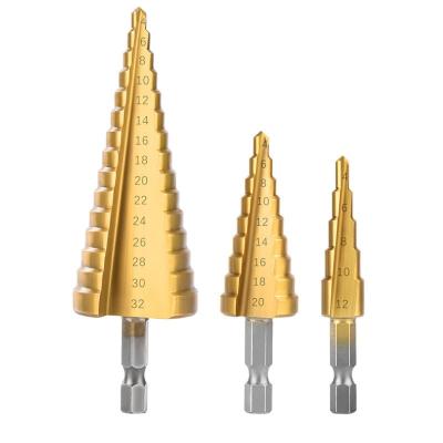 China 3pcs Metal Wood Step Cone Plastic Drill Bits Set Sheet Metal 4-32mm HSS Metric Step Bit Kit With Hex Shank Spiral Flute Step Drill Bits for sale