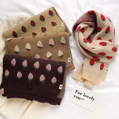 China Keep New Style Warm Strawberry Knitted Scarf Winter Woolen Japanese Student Versatile Cute Fruit Knitted Scarf for sale