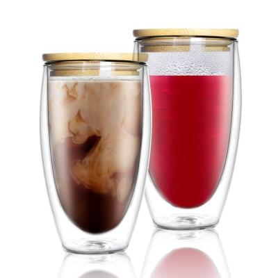 China New 13.53Oz/400ml Viable Wall Glass Double Handless Hand-Blown Coffee Mugs Good Quality With Bamboo Lid for sale