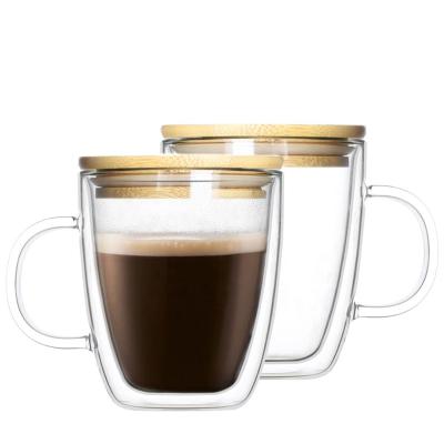 China New High Sustainable Beris Borosilicate 15.83Oz/450ml Double Wall Coffee Mug With Handle Double Wall Glasses Mug With Bamboo Lids for sale