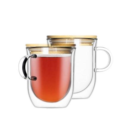 China New Sustainable High Quality Beris Double-Wall Borosilicate Glass Coffee Cup Mug Tea Cup With Bamboo Lid for sale