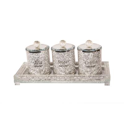 China Minimalist Coffee Sugar Canisters Tea Set Crystal Filled Diamond Crushed Crystal Kitchen Storage Silver Trimmings With Tray for sale