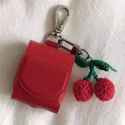 China Rose Red Bear Keepsake PU Cherry Airpods Earphone Protective Case Cover With Keychain for sale