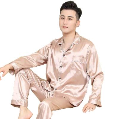 China Factory Wholesale Luxury OEM Comfortable Sleep Men's Silk Pajamas Set Solid Color V-neck Long Sleeve Casual Nightgowns for sale