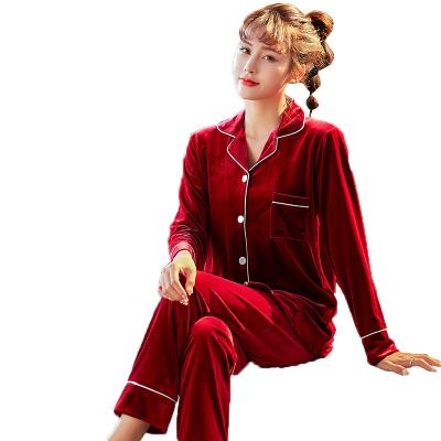 China Gold Casual Velvet Pajamas 2pcs Thermal Long Sleeve Top And Wide Leg Pants Night Wear Plus Size Women Homewear for sale