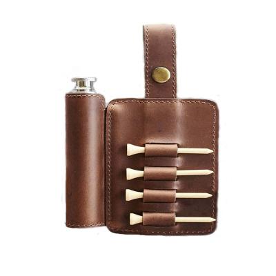 China Golfer Flask Gift Set Vegan Golf Tee Leather Holder Golf Hip Flask Custom Golf Gift Set for sale