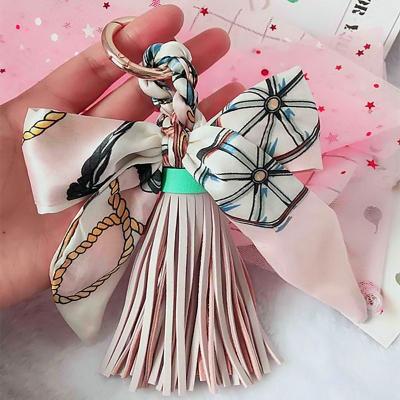 China Luxury Chiffon Fashion Girls Hair Accessories Handbags For Women Chiffon Bow PU Tassel Key Chain Leather Pendant Key Chains for sale