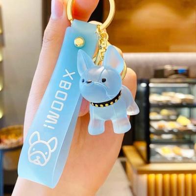 China Transparent Colorful Frosted Metal Pendant Keychains French Bulldog Fashion Dog Keychains Llaveros Crafts Plastic Crystal Bag Keychains for sale