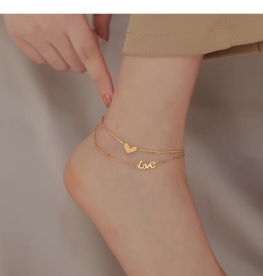 China 2022 Romantic Double-Sided Titanium Steel Anklet Chain Letter Double-Layer Love Heart Anniversary Gift Female Anti-allergic 14K Gold Plated for sale