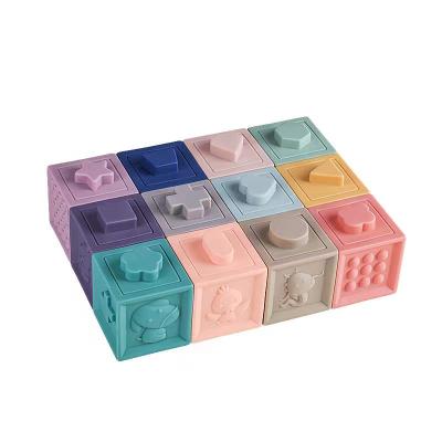 China Eco-friendly Material Toys 12pcs Educational Baby Stacking Constituent Cube Squeeze Silicone Soft Blocks For Kids for sale