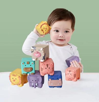 China Eco-friendly Material Toys 12pcs Educational Baby Stacking Constituent Cube Squeeze Silicone Soft Blocks For Kids for sale