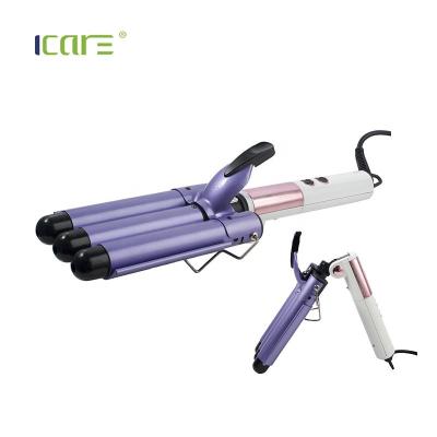 China New Hot Selling Foldable Flat Foldable Ceramic Coated Wave Hair Curler Hair Wave Grip Triple Handle Curling Iron Styling Tools for sale