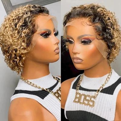 China Virgin Jarin's Kinky Raw Indian Cuticle Pixie Cut Human Hair Wigs T1b/30 Straight Curl Ombre Women's Curve Honey Blonde Wigs For Black for sale