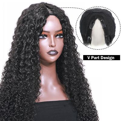 China Wholesale Afro Curly Glueless No Missing Frizzy Curly No Lace Up Brazilian V Shape Hair Wig No Glue Thin V Part Wigs for sale