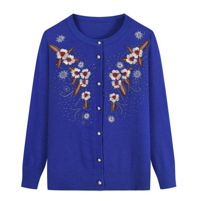 China Breathable Medium Spring Autumn Loose Knitwear Tops Grandma Distressed and Elderly Ladies Cardigan Sweater Embroidered Knitted Cardigan Sweater Coat for sale