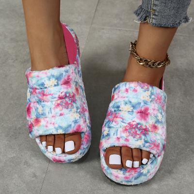 China Fashion Trend Faux Fur Women Sandals Flora Printing Soft Colorful Outdoor Slippers Slippers Sliders Sandals for sale