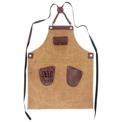 China Universal High End Work Washed Leather Canvas Tool Apron Hairdresser Pocket Apron for sale