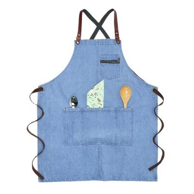 China AZO Free Fashion Washed Denim Apron Comfortable Durable 100% Cotton Kitchen Apron With Splicing Belts for sale