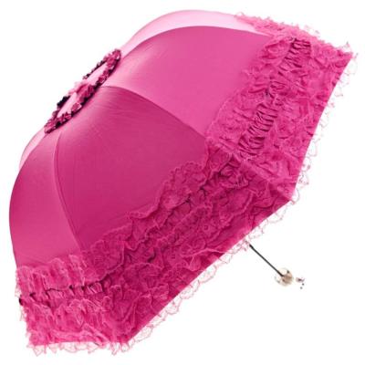 China Special Customized Pink Fashionable Women Advertising Lace Parasol 3 Folds Manual Open Umbrella for sale