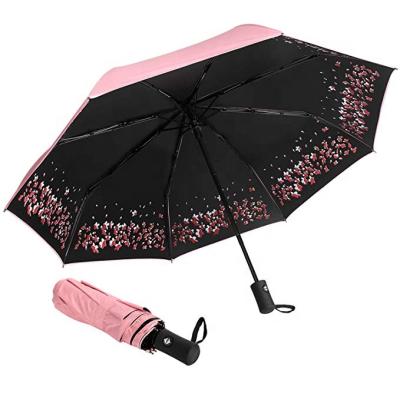 China Sun Windproof Parasol Best Folding Umbrella Inner Flower Printing Automatic 3 Fold Umbrella With Black Coating Fabric for sale