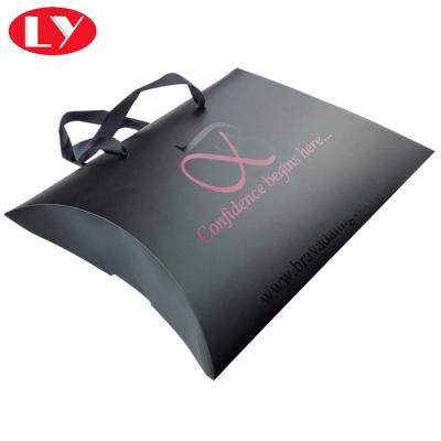 China Recycled Materials Custom Hair Bundle Black Blank Hair Extension Packaging Pillow Box With Ribbon Handle for sale