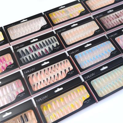 China Easy Apply Custom Full Cover Coffin Long ABS Fake Nails Stick On 24 Pcs / Set Press On Nails Seller for sale