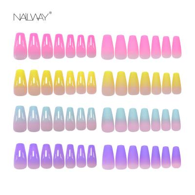 China ABS Gradient Color Easy Press Apply Long Coffin / Ballerina Custom Handcrafted 24 Pcs On Nails for sale