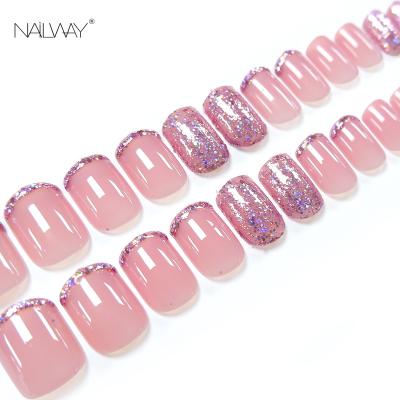 China Easy Apply High Grade 24 Pcs Pink ABS Glitter French Nail Tip Natural Short Square Press On Nails for sale